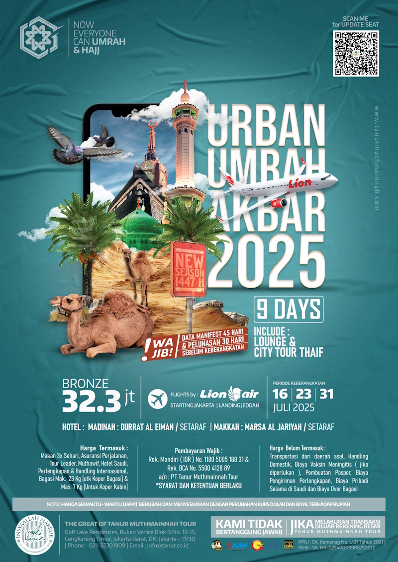 Paket Umroh 9 hari: 16 Juli 2025, 23 Juli 2025, 31 Julin 2025 bersama Tanur Muthmainnah Tour